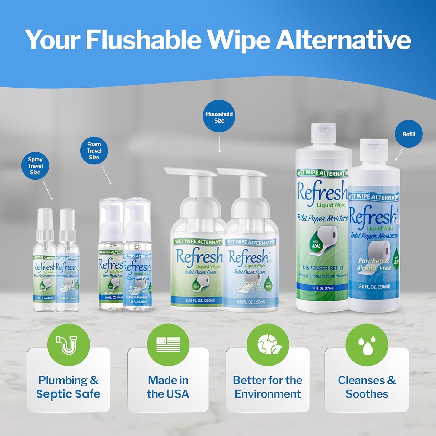 Refresh Liquid Wipe Alcohol Free - Toilet Paper Foam. Eco-Friendly Wet Wipe Alternative For Sensitive Skin. Cleanses and Soothes with Witch Hazel and Aloe. Plumbing and Septic Safe. 250ml (8.45 Fl Oz)