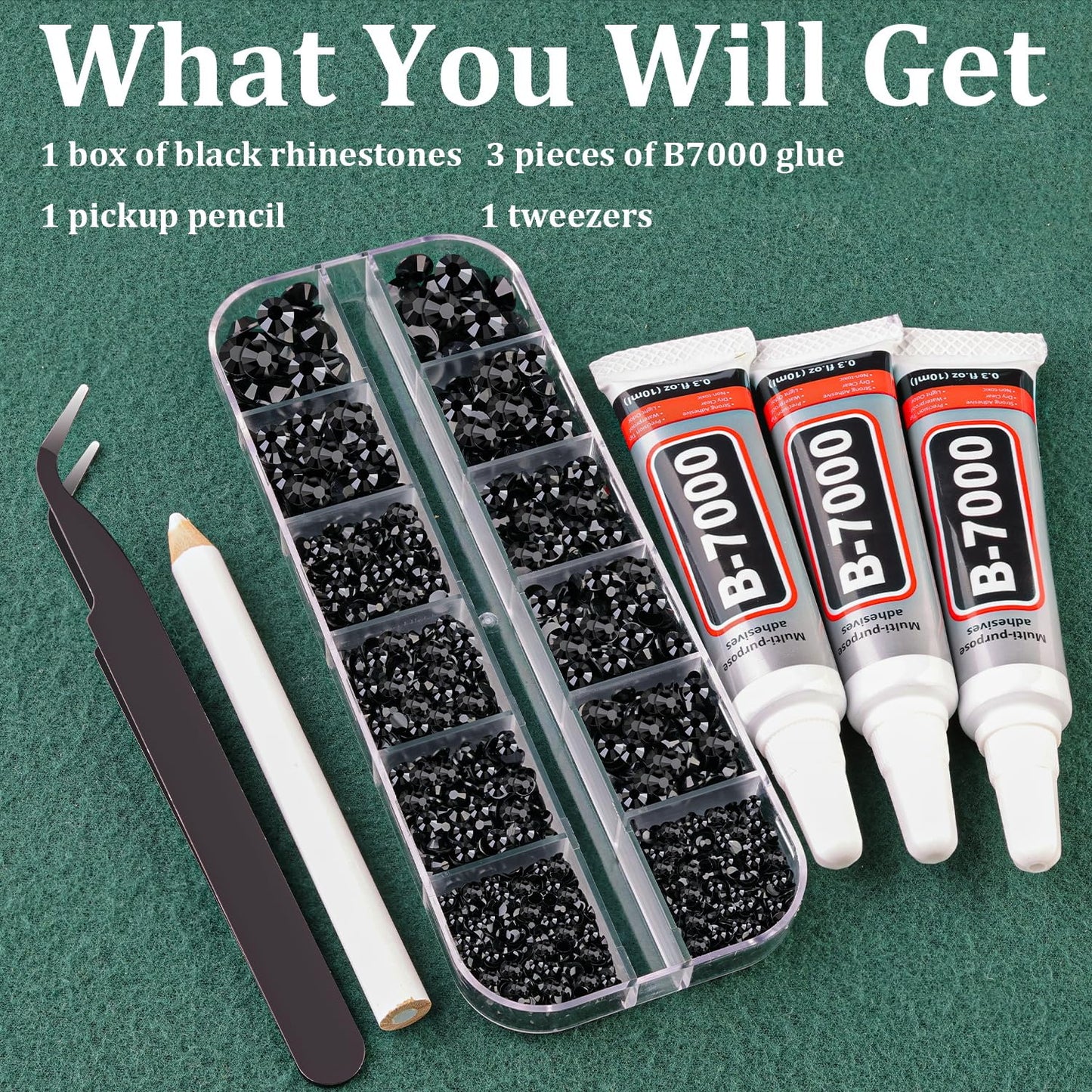 Resin Rhinestones for Crafting with B7000 Jewelry Glue, 1 Box Black Flatback Crystals with 3Pcs 10ml Glue for Bedazzling Crafts DIY Nail Art MakeupďźNon Hotfix Gems for Clothing Shoes