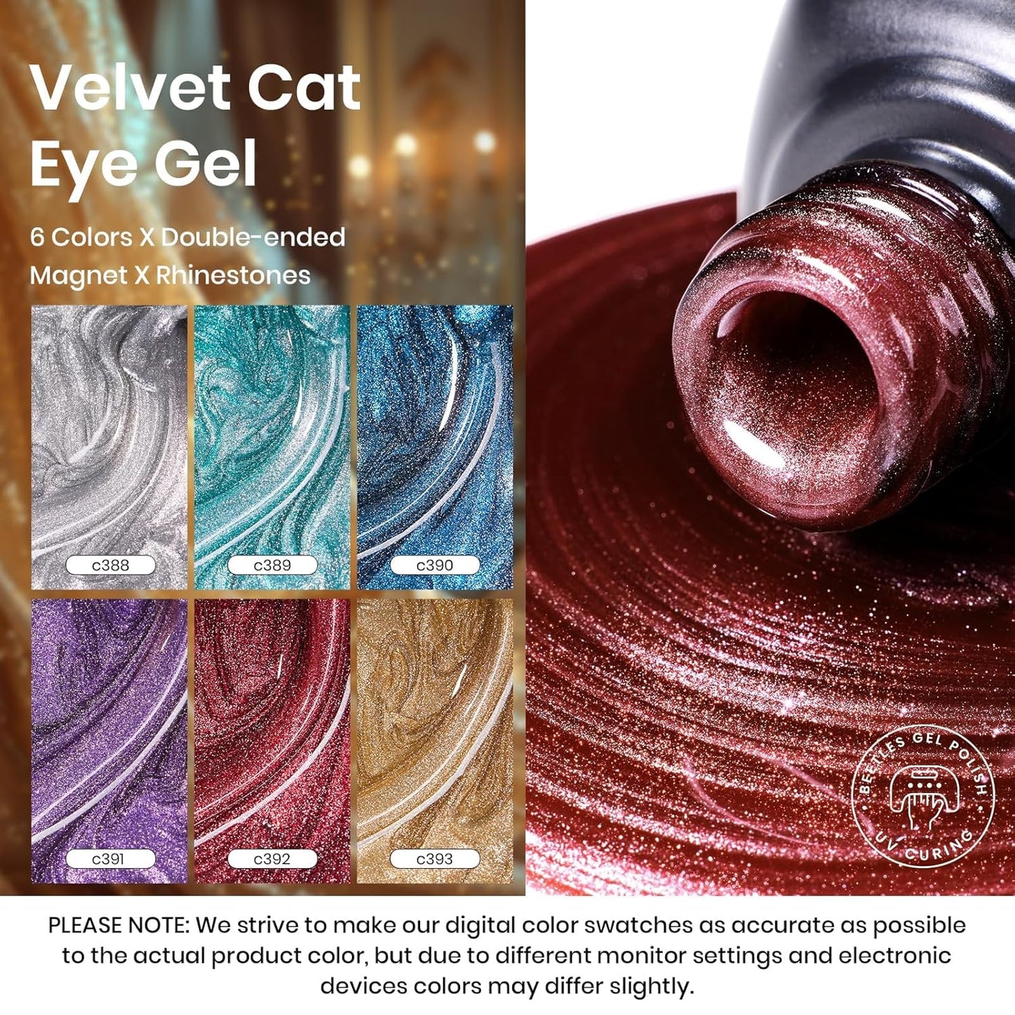 Beetles Cat Eye Gel Nail Polish Set - 6 Colors Glitter Burgundy Red Silver Blue Purple Green Gold Magnetic Cat Eye Gel Polish Holographic Effect Velvet Nail Art Salon DIY Home Gift for Women