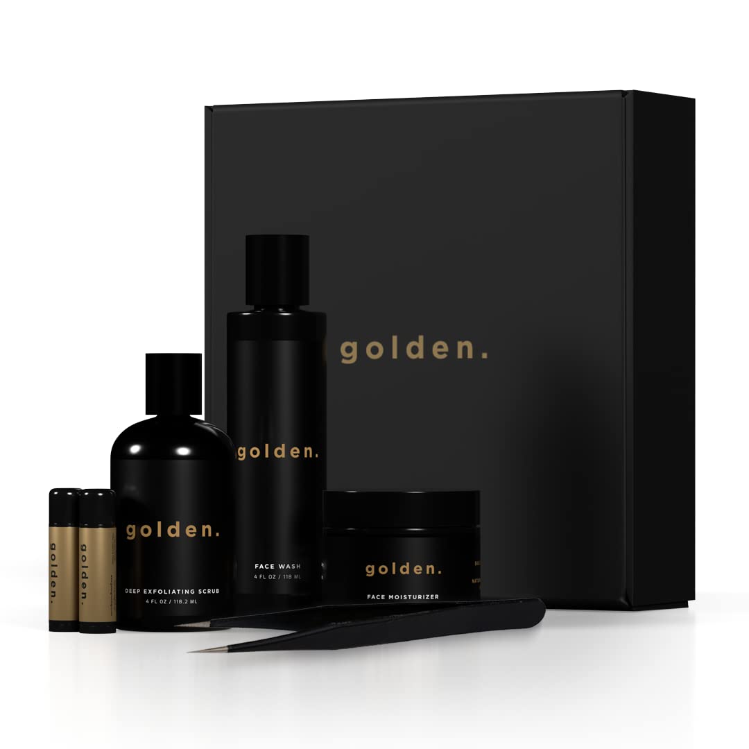 Golden Grooming Co. Essential Men's Skincare Routine Set - Complete Face Care System | Face Wash, Deep Exfoliating Scrub, Moisturizer | Tweezers & 2 Lip Balm Sticks Included | 30 Day Supply