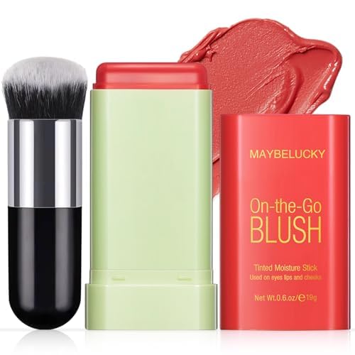Cream Blush Stick for Cheeks, Multi-Use Makeup Blush Stick for Eye Lip Face, Travel-Friendly Tinted Solid Moisturizer Matte Blush, Natural Glow Blendable Smooth Blusher with Brush-Orange Coral