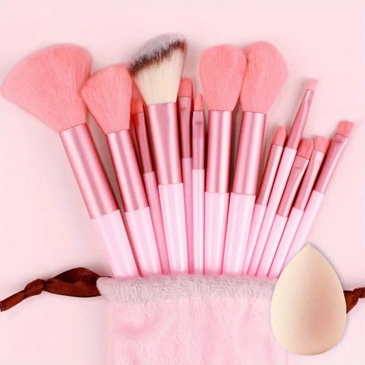 Foundation Makeup Brush Set Kit | 13 Pcs Premium Synthetic Kabuki Eye Shadows Make Up Brushes + 1 Sponge + 1 Brush Bag for Travel and Home Use (PINK)