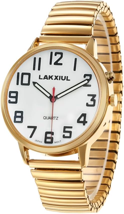 English Talking Watch with Large Numbers, Time-Date Announcement, Stainless Steel Telescopic Strap, Alarm Clock