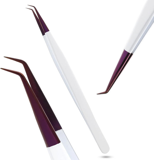 Isolation Tweezers for Eyelash Extension – 14cm Curved, White & Purple, Stainless Steel, Best for Individual Isolation & Classic Lashes, Pinzas para Pestaña (Matte White Purple)