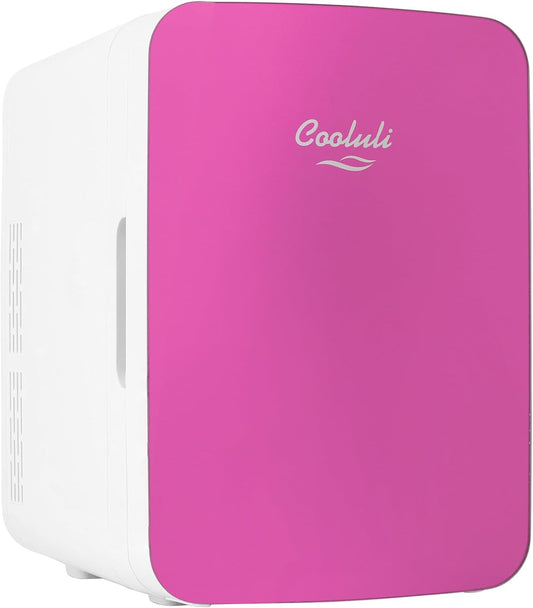 Cooluli 10L Mini Fridge for Bedroom, Car, Office Desk & Dorm - Portable Thermoelectric Cooler & Warmer for Food, Drinks, Skincare - Compact Refrigerator with Glass Front, Pink