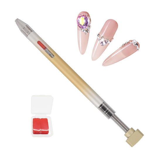 WOKOTO 1 PCS Nail Art Rhinestone Picker Pens With Spare Silicone Clay Tool Yellow&Silver Gradient Rotating Push Nail Diamond Art Painting Dotting Pen Refillable Wax Pen For Nails Gems Picker Tool