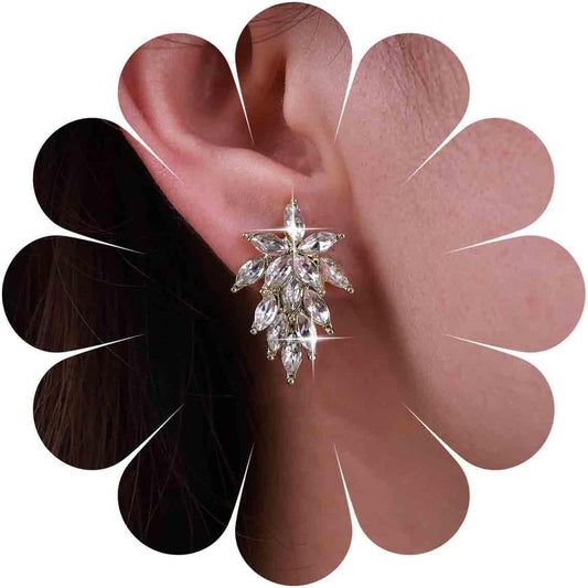 Vintage Crystal Leaf Earrings Leaf Cluster Cz Earrings Gold Rhinestone Leaf Drop Earrings Sparkly Cz Wedding Stud Earrings Jewelry for Women