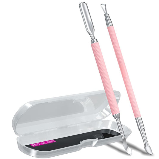 2PCS Metal Pink Cuticle Pusher and Scraper, Nail Trimmer Cutter Stainless Steel Gel Scraper Tool, Nail Polish Remover Peeler Durable Salon Manicure Pedicure Cleaner for Fingernail and Toenail