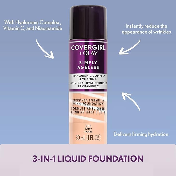 COVERGIRL+Olay Simply Ageless 3-in-1 Liquid Foundation Ivory, 1 Ounce (packaging may vary)