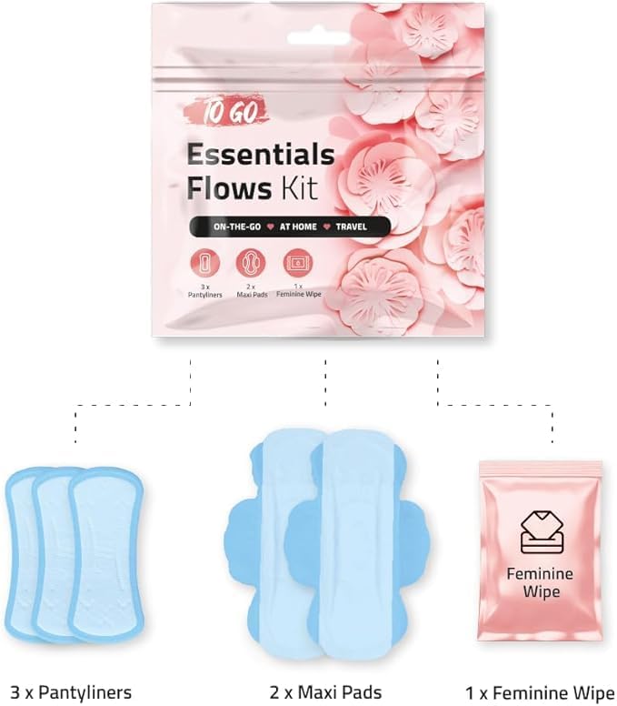 Essential Flows Kit – 3 Pantiliners, 2 Maxi Pads & 1 Feminine Wipe in Compact Zip Bag – Thin, Light, and Travel-Ready for Women & Girls – Single Pack (Pink)