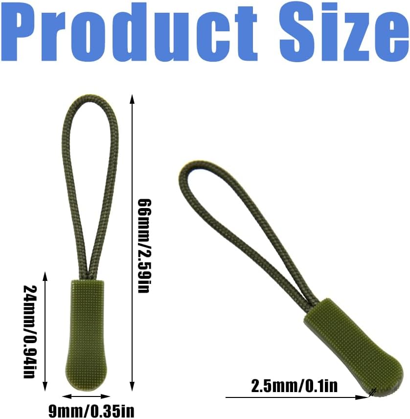 Ruidee 50 Pieces Zipper Pulls Zipper Tabs Zipper Pull Cord Extender Replacement Zipper Pulls for Backpacks, Jackets, Luggage, Purses, Handbags（Military Green）