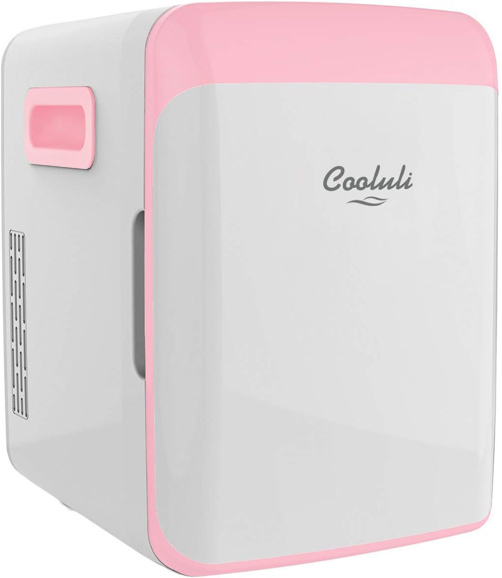 Cooluli 10L Mini Fridge for Bedroom - Car, Office Desk & College Dorm Room - 12V Portable Cooler & Warmer for Food, Drinks, Skincare, Beauty, Makeup & Cosmetics - AC/DC Small Refrigerator (Pink)