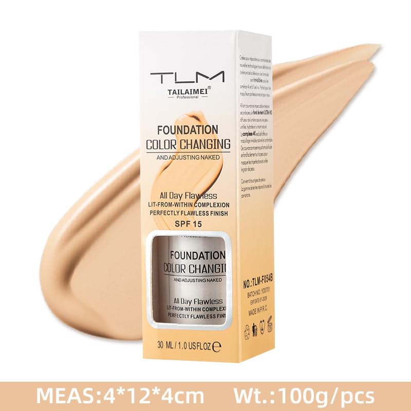 TLM Foundation Color Changing,TLM Colour Changing Liquid Foundation Hides Wrinkles & Lines,BB Cream Makeup Base Concealer Cover Moisturizing Fluid for all Skin Tone SPF15(30ML)