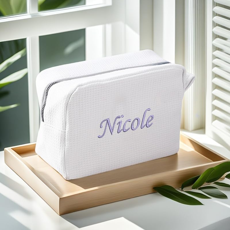 GOPHIE Personalized Embroidered Makeup Bag,Custom Waffle Fabric Cosmetic Pouch for Women, Travel Makeup Pouch (3, White)