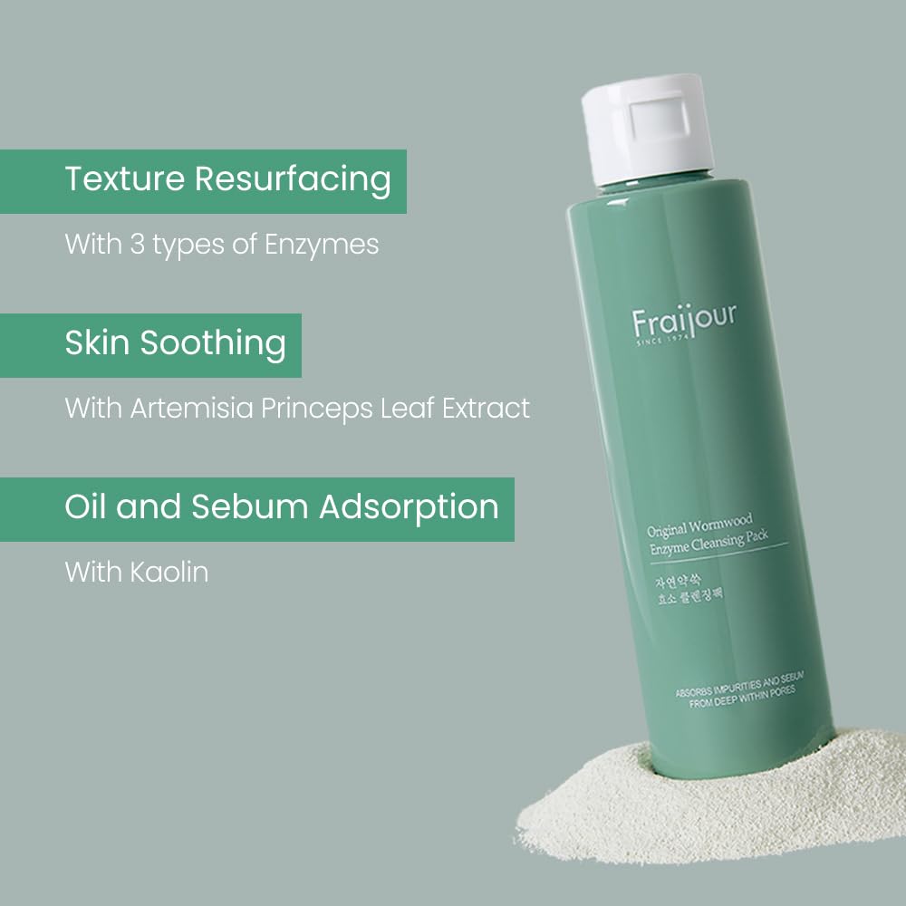 Wormwood Enzyme Cleansing Pack – Korean Powder Face Cleanser & Exfoliant with Papaya Enzyme, AHA BHA PHA, Low pH, Clears Acne & Pores, Smooths Texture, for All Skin Types, 2.82 oz.