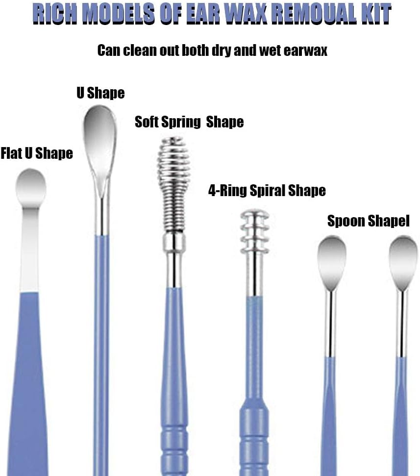 6 Pcs Ear Pick Ear Wax Removal Kit, Ear Cleansing Tool Set, Ear Curette Cleaner, 360° Spiral Design Ear Canal Cleaner Stainless Steel, with a Storage Box Portable Kit for Home and Travel(Blue)