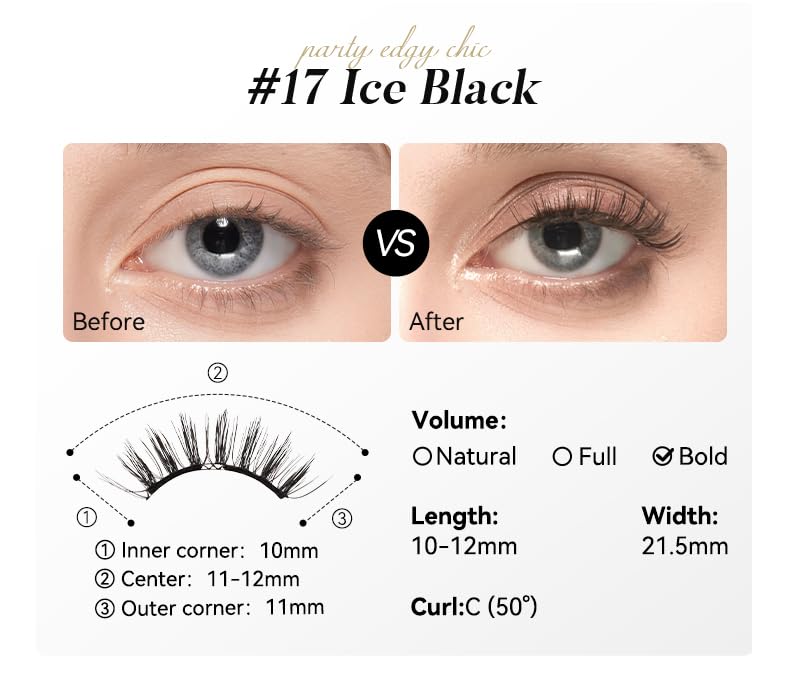 Magnetic Eyelashes with Applicator Kit, No.17 Ice Black, Reusable Magnetic Lashes without Eyeliner, Glue-free False Lashes, Waterproof, Lightweight, Suit for Heavy Makeup