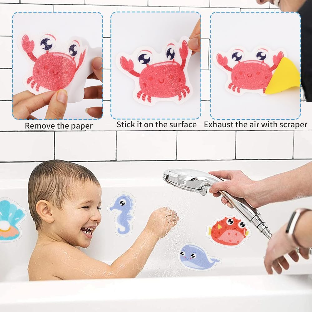 21PCS Non Slip Bathtub Stickers, Large Sea Submarine Creature Adhesive Kids Anti Slip Decal Treads for Shower and Bath Tub with Premium Scraper
