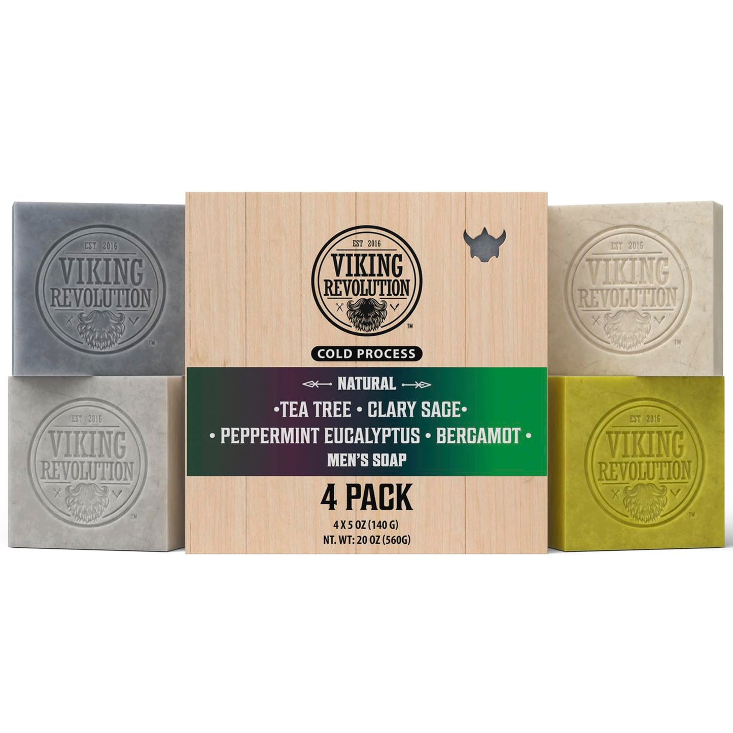 Viking Revolution Natural Soap for Men - Mens Soap Bar with Essential Oils Cold Pressed Bar Soap for Men - Nourishing Soap with Tea Tree, Clary Sage, Peppermint Eucalyptus, Bergamot (4 Pack)