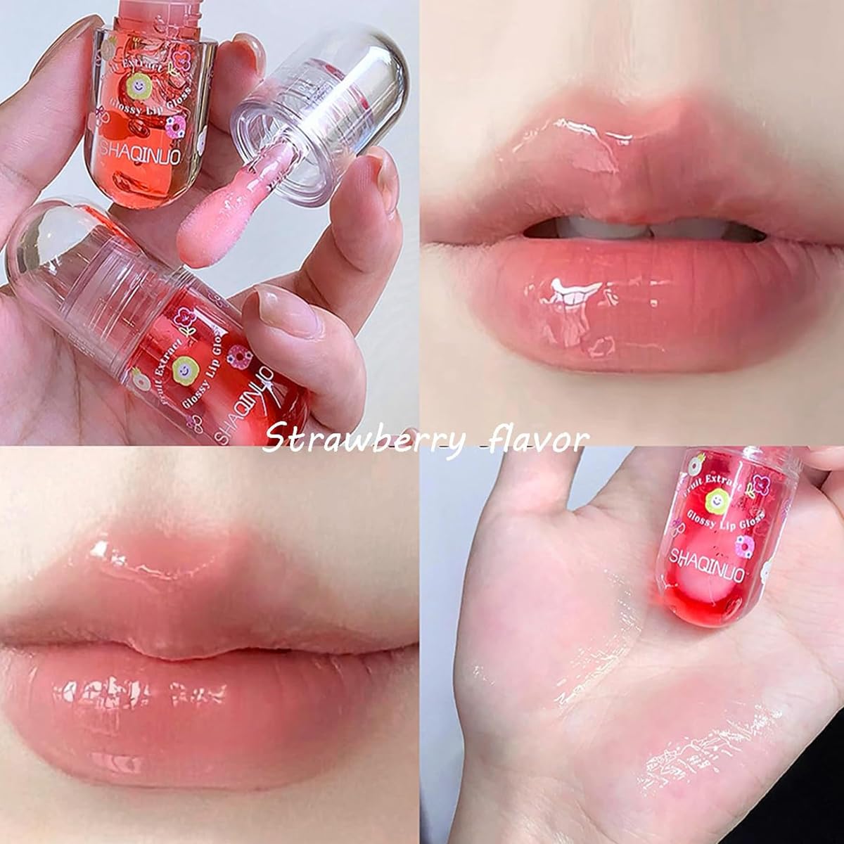 4Pcs Fruit Flavored Lip Gloss Oil Set,Big Brush Head Lip Oil,Cute Lip Hydrating Nourishing Lip Gloss, Jelly Glossy Finish Lip Glow Oil,for Kids and Teens, Kid Friendly, Party Gift, Non-toxic