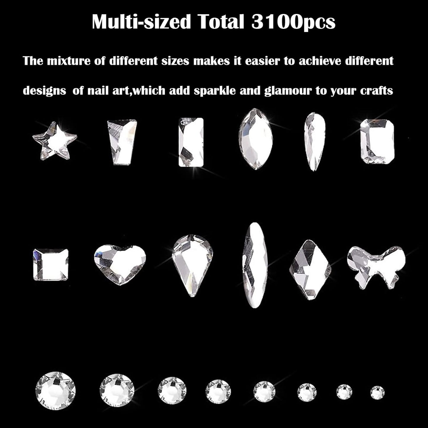 Nail Rhinestones Kit, Nail Art Decorations Flat AB Rhinestones Kit DIY Crafts Gemstones for Nail, Shoes, Clothes, Jewels (600 Clear Diamonds + 2500 Flat Rhinestone)