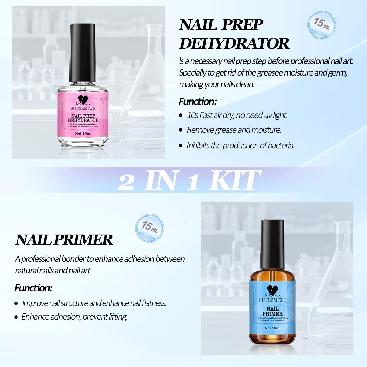 15 ml Nail Dehydrator and Primer Set, Acid Free Natural Prep Dehydrate & Bond Primer, Professional Nail Prep Kit for Acrylic Nails Gel Polish Manicure Nails Supplies Fast Dry