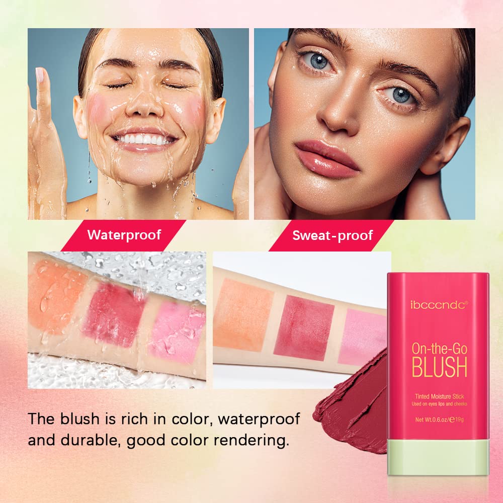 Blush Stick Matte Finish Waterproof Long Lasting Pink Red Cheek Lip Make-up Multi Lip Tint Stick Highlighter High Pigment Rouge Blush for Women Lady Daily Lip Cheek Makeup (2#hot red)