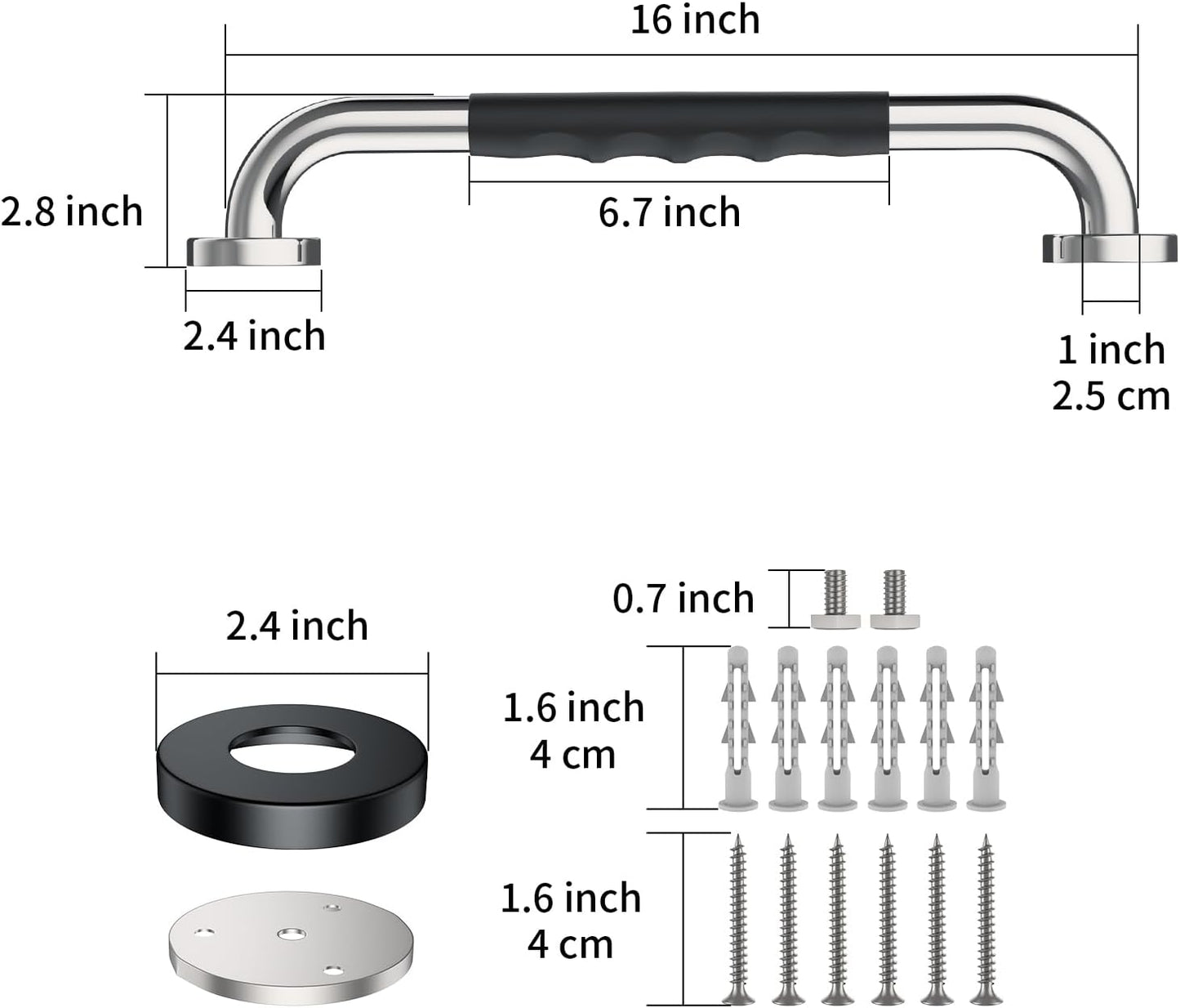 2 Pack 16 Inch Shower Grab Bar w/Anti Slip Rubber Grip,ZUEXT SUS304 Stainless Steel Bath Grab Bar,Bathroom Balance Bar,Wall Mount Safety Handrail Support,Handicap Injury Elderly Senior Assist Handle