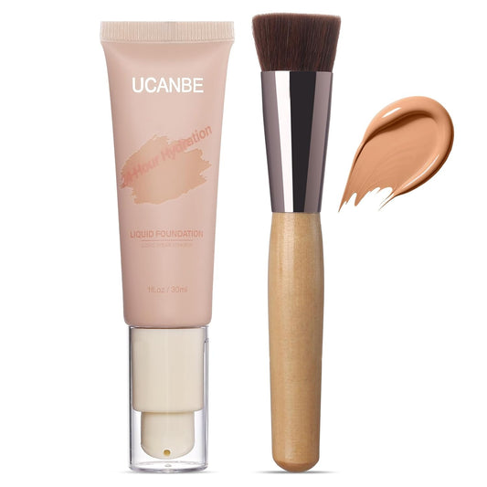 UCANBE Matte Liquid Foundation with Brush, Skincare Serum Foundation Face Makeup with Hyaluronic Acid, Medium to Full Coverage Waterproof Oil Control Longwear, for Mature Skin, Nude Beige, 1 fl. oz.