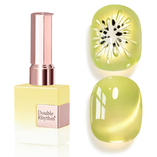 Double Rhythm 15ML Ice Glass Cat Eye Gel Polish with Magnet Holographic Glitter Shimmer Translucent Sheer Color Salon Soak Off Magnetic Nail at Home (Green Gold-MC1246)