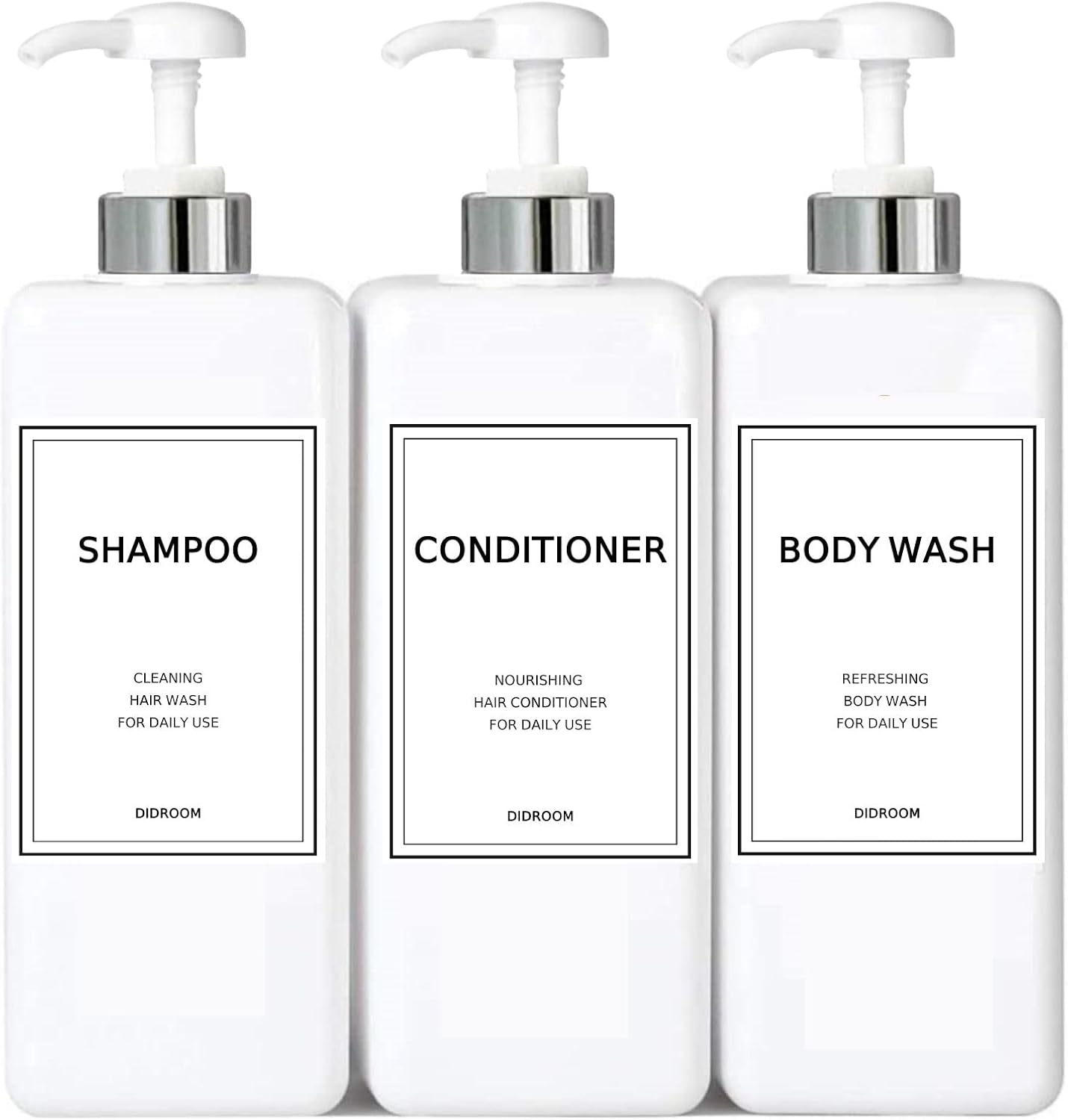 Modern Silver Shampoo and Conditioner Dispenser (21 oz, Pack of 3) Refillable Pump Bottle Set Empty Shower Plastic Bottles with Pump for Bathroom Body Wash Soap and Shower