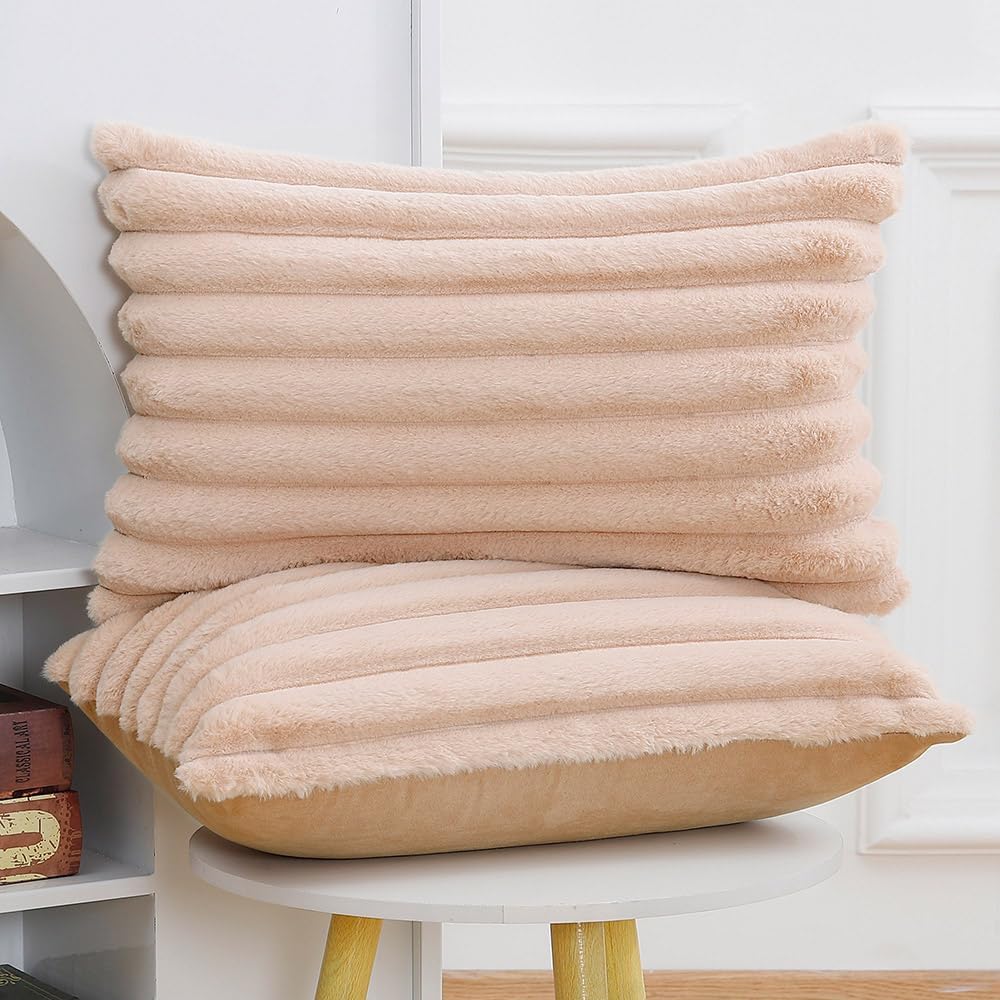 MADIZZ Set of 2 Faux Wool Plush Decorative Throw Pillow Covers 12x20 Inch Light Brown Fluffy Striped Soft Decorative Cushion Cover for Sofa Bedroom Pillow Shell