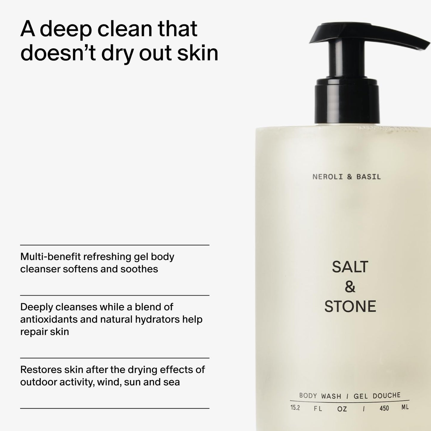 Salt & Stone Body Wash with Antioxidants for Deep Moisture | For Women & Men, Sulfate, Paraben, & Dye Free, Leaving Skin Soft and Hydrated (Neroli & Basil 32 fl oz)