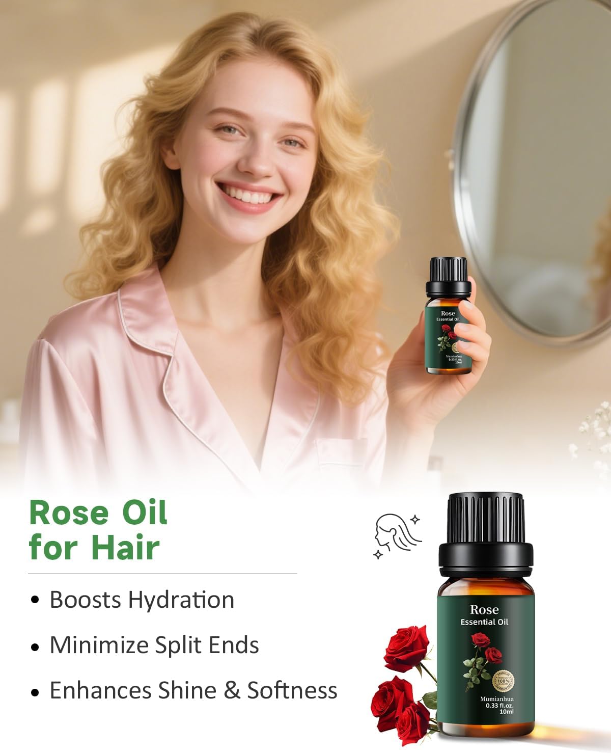 Rose Essential Oil for Skin, Rose Oil Essential Oil Pure - Mumianhua Essential Oils Rose Therapeutic Grade Rose Aromatherapy Oils for Diffuser, Hair, Soap Making, Candles Making, Perfume 10 ml