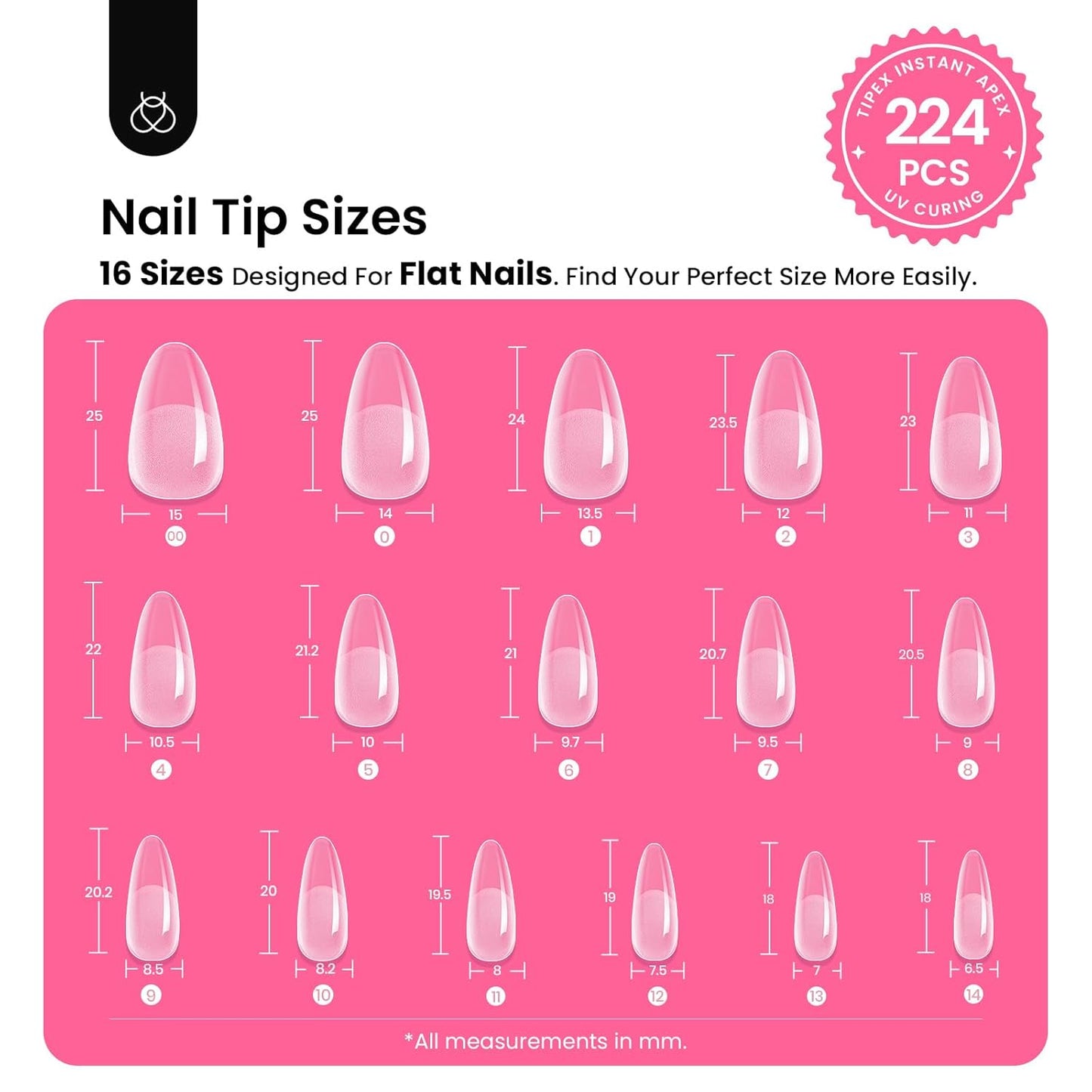 Beetles Tipex Instant Apex Nail Tips Kit, Medium Oval Almond 224Pcs 16 Sizes Pre-Building & Pre-Etched Thicker Acrylic Nails False Nail Extension with Tipex Nail Glue Mini Nail Lamp