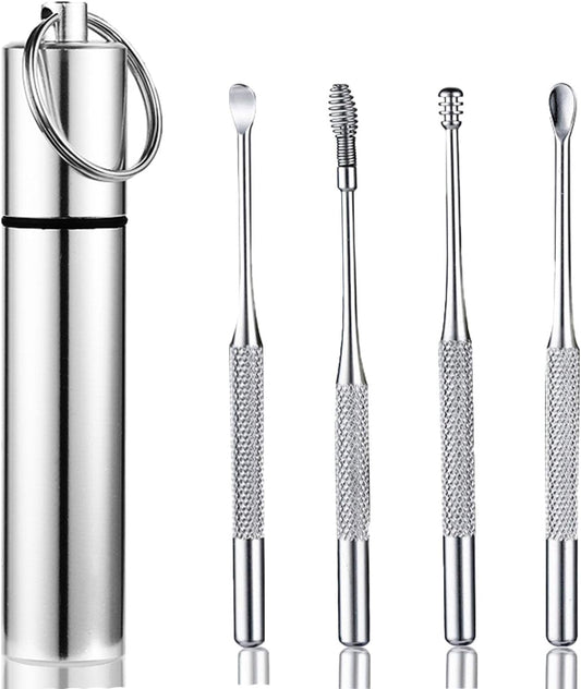 Ear Wax Removal kit, 4 Pcs Stainless Metal Earwax Removal Tool for Adults with Ear Spoon & Spiral Spring, Ear Cleaning Reusable