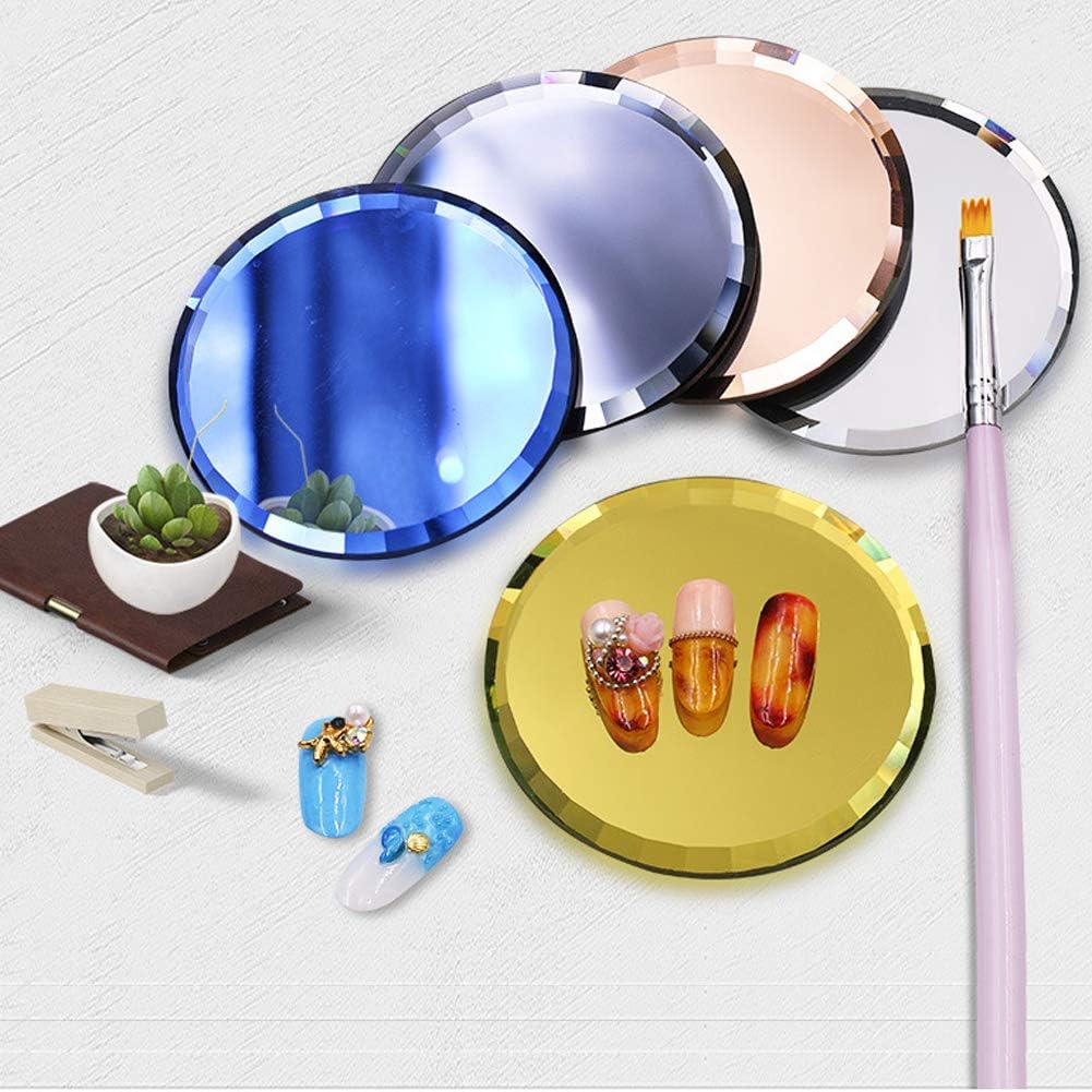 5Pcs Mirror Empty Nail Art Palettes Plate Round Glass Manicure Palette Nail Art Display Tray Board Holder Gel Polish Drawing Color Mixing Palette for Women Beauty Tool, Assorted Color