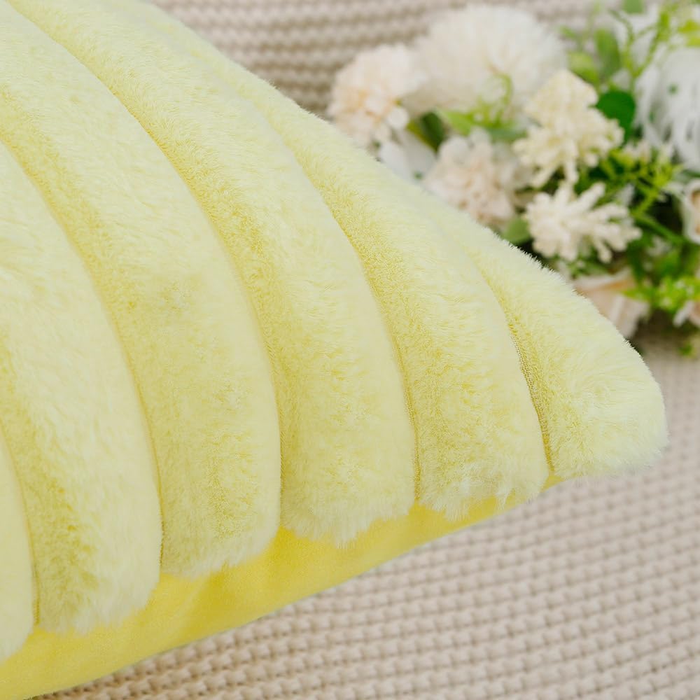 MADIZZ Set of 2 Faux Wool Plush Decorative Throw Pillow Covers 16x16 Inch Yellow Fluffy Striped Soft Decorative Cushion Cover for Sofa Bedroom Pillow Shell