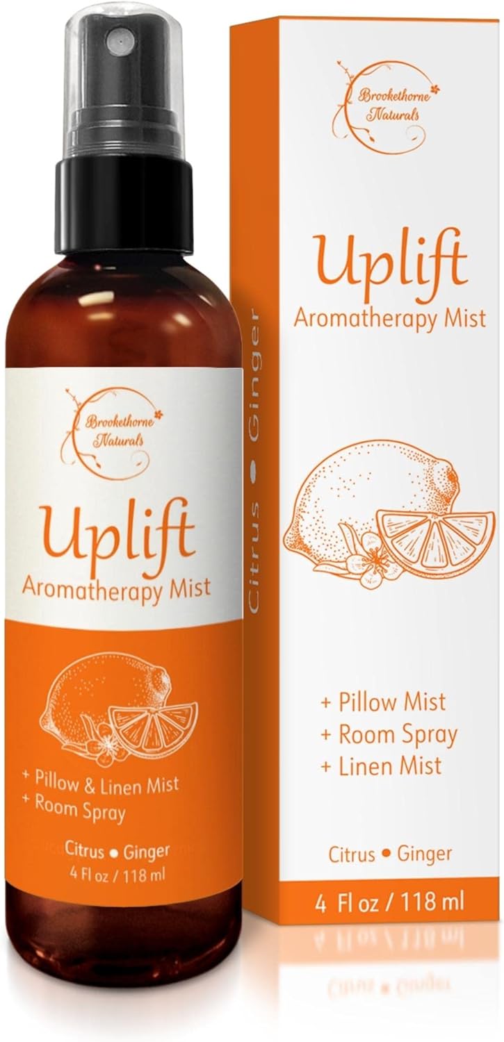 Uplift Aromatherapy Room Spray for Energy Boost. Lemon, Bergamot & Ginger Essential Oil Multi-Use Citrus Spray, Linen Mist, Natural Car Air Freshener & Closet Deodorizer by Brookethorne Naturals