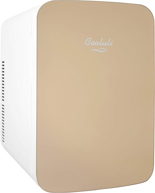 Cooluli 15L Mini Fridge for Bedroom - Car, Office Desk & College Dorm Room - 12v Portable Cooler & Warmer for Food, Drinks, Skincare, Beauty & Makeup - AC/DC Small Refrigerator with Glass Front, Gold