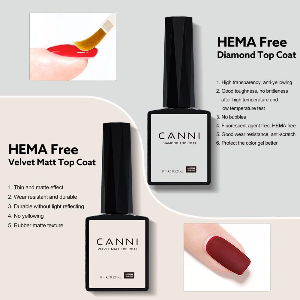 CANNI 6Pcs 9ml Hema-Free Nail Dehydrator Primer, Base Coat Reinforce Diamond Gel Top Coat and Matte Top Coat Gel Nail Polish Set, Soak Off LED Nail Gel Polish Set Nail Art Starter Manicure Salon
