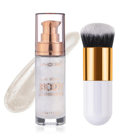 Body Shimmer Oil, Waterproof Long Lasting Moisturizing Bronze Body Luminizer Glow For Face & Body, Liquid Illuminator Body Highlighter 1oz/Jars, Makeup Brush Include (Diamond Platinum #05)
