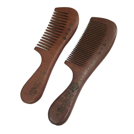 Wooden Hair Comb Set, Wide Tooth and Fine Tooth Detangling Combs, Brown, 2 Pack (One Size)