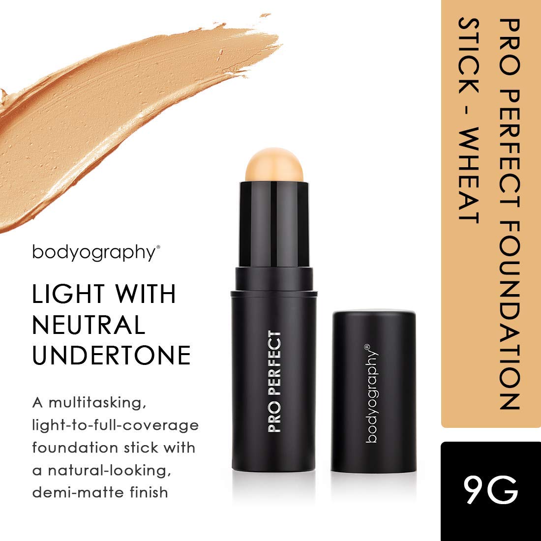 Bodyography Pro Perfect Foundation Stick - Demi-Matte Finish with A Natural Look - Enhancer for Concealing, Highlighting, and Contouring - Vitamin C & E (Wheat)