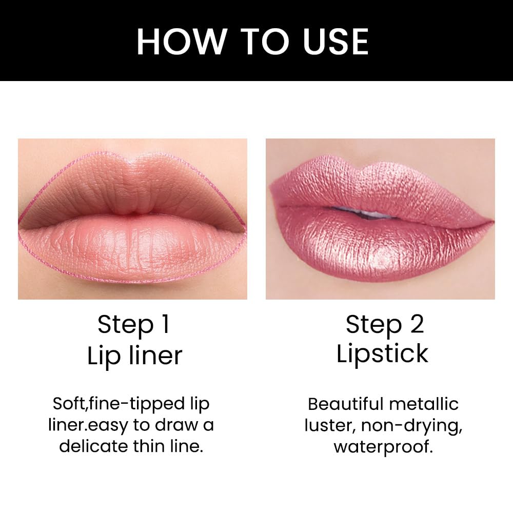 evpct 1Pcs Light Pink Pale-Pink Metallic Shine Shimmer Lip Liner and Lipstick Combo Set Kit for Women, Lightweight Hydrating Formula High Impact Full Coverage Lipstick and Lip Liner Makeup Gloss