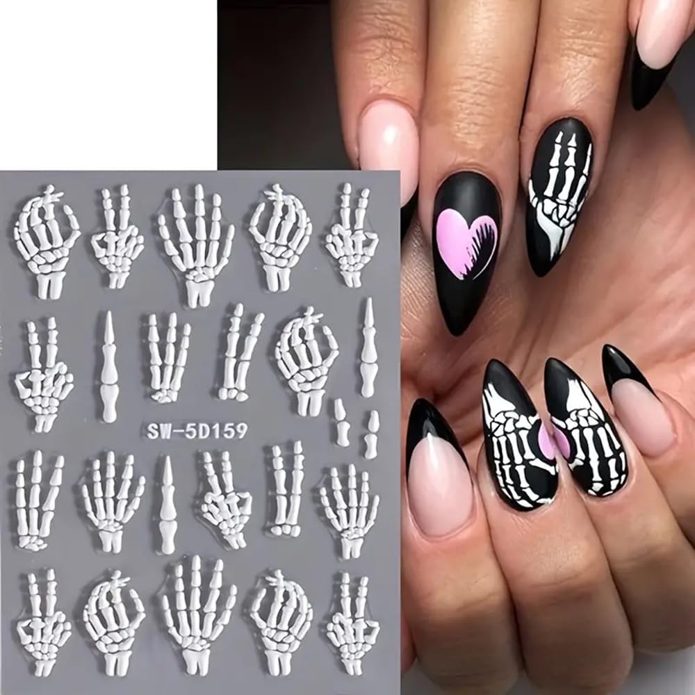 Halloween Nail Art Stickers Decals 3PCS Skeleton Nail Decals 5D Embossed Skull Nail Stickers White Hand Bones Finger Skeleton Halloween Nail Art Supplies Self-Adhesive Manicure Decorations
