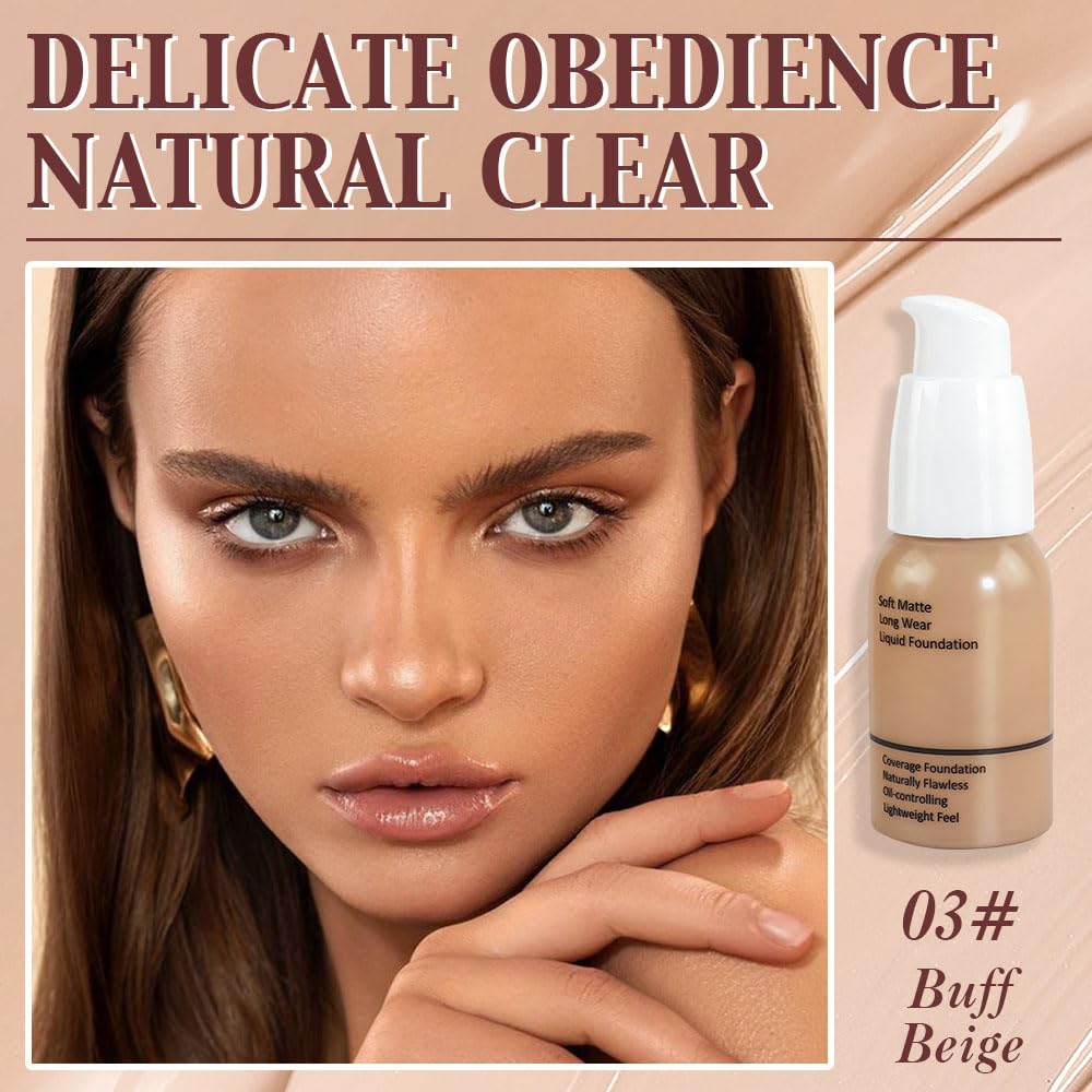 Matte Liquid Full Coverage Foundation, Flawless Soft Matte 24HR Oil Control Full Coverage Foundation Makeup for Women, Long-Lasting Waterproof Full Coverage, 03# Buff Beige (03, Pack of 1)