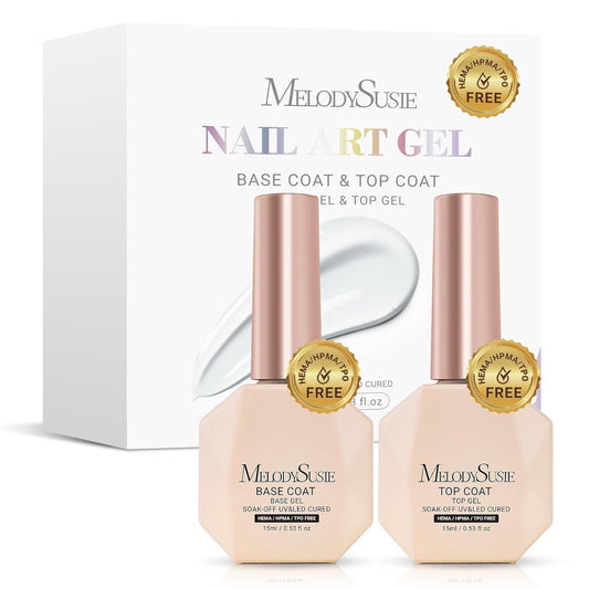 MelodySusie 2PCS Hema Free Gel Top Coat and Base Coat Set,Hema Free,Hpma Free,Tpo Free,No Wipe,Soak off UV LED Drying,Long Lasting Gloss Shiny 15ML