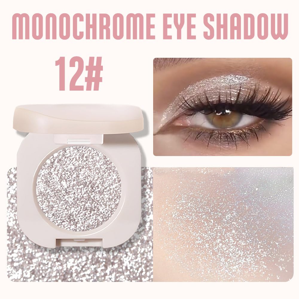Glitter Eyeshadow Palette, Silver Shimmer Eyeshadow Makeup, Shiny Pressed Powder, Single Vegan Eye Shadow, Highly Pigmented Silver Eye shadow Makeup Palette,Monochrome Long Lasting Glitter Eyeshadow12