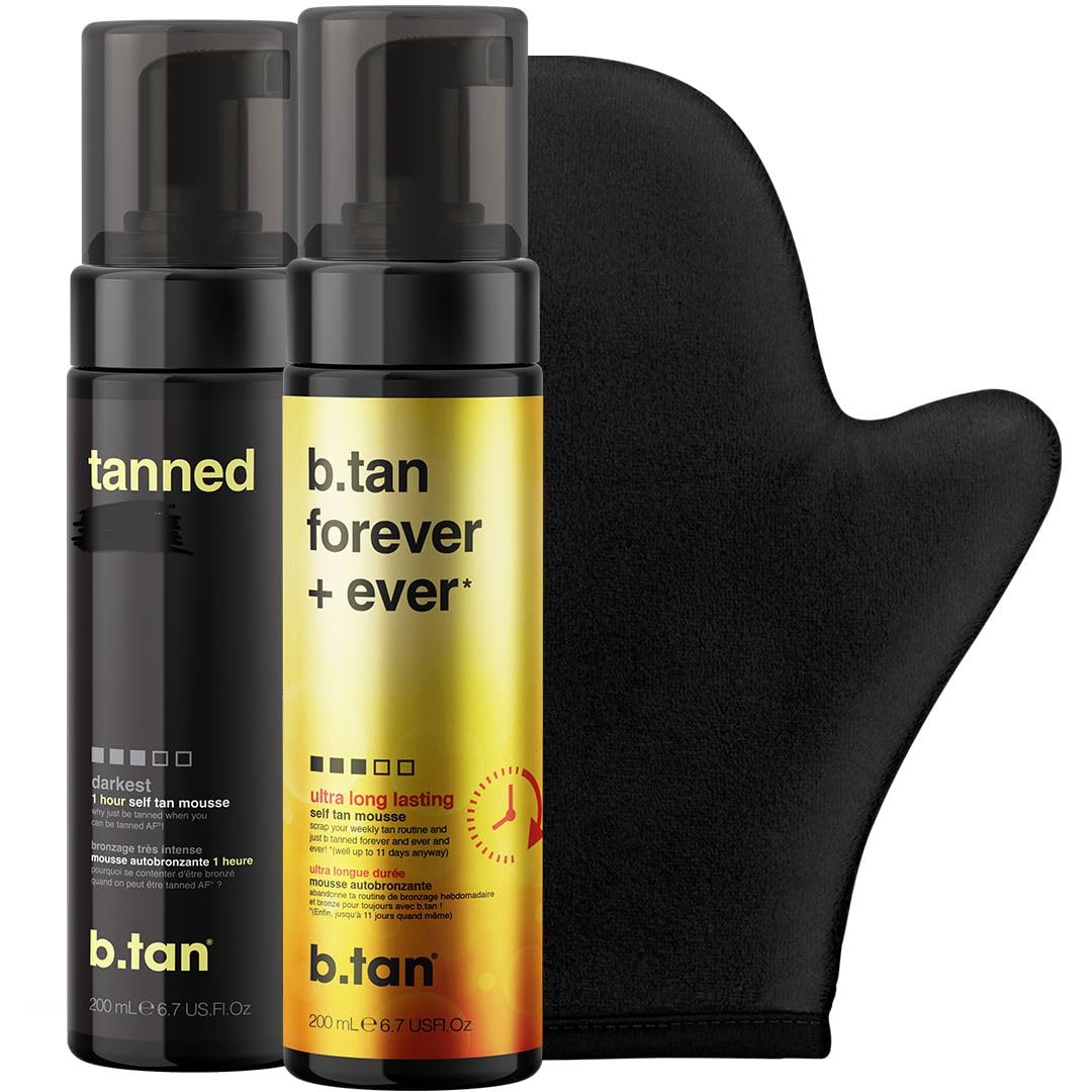 b.tan Dark & Long Lasting Self Tan Kit | Besties Bundle - Dark Tanning Mousse Duo with Mitt Applicator Glove, 1 Hour Express, Fast Sunless Tanner, Face & Body, No Fake Tan Smell, Vegan & Cruelty Free
